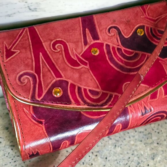 ELEPHANT PAINTED HAND TOOLED LEATHER Crossbody Handbag Purse Made in Ind… - Picture 7 of 10